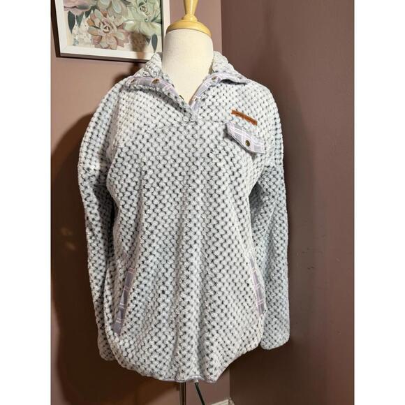 Simply Southern Tops - Simply Southern Sherpa 1/4 Zip Pullover Womens Size Medium Gray Pink Plaid Trim